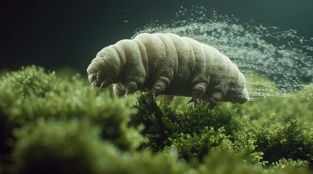 Microscopic, realistic view of a tardigrade (water bear) slowly moving across green moss, captured in high detail with a nature documentary style, highlighting its resilience and unique micro-world en