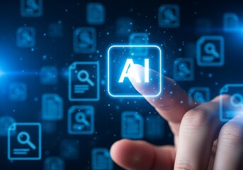 Photo of hand touching a glowing blue square with the letters ai, representing artificial intelligence and future technology with digital data icons in the background