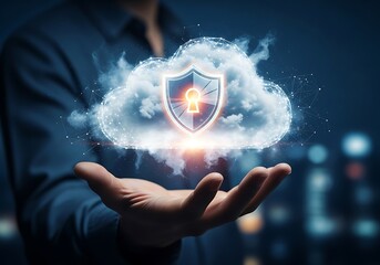 Photo of cloud security shield with lock icon held by a persons hand, representing data protection and cybersecurity in a digital network