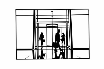 Corporate Lobby with Employees Silhouette Vector – Office Interior, Professional Environment, and Business Interaction Concept