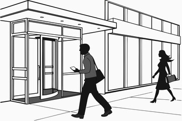 Corporate Lobby with Employees Silhouette Vector – Office Interior, Professional Environment, and Business Interaction Concept