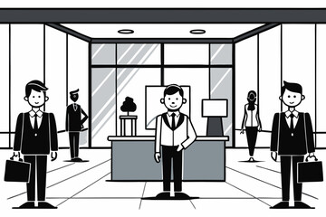 Corporate Lobby with Employees Silhouette Vector – Office Interior, Professional Environment, and Business Interaction Concept