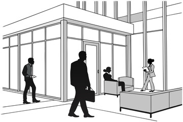 Corporate Lobby with Employees Silhouette Vector – Office Interior, Professional Environment, and Business Interaction Concept