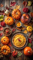Overhead view of a rustic wooden table filled with pumpkins, a pumpkin pie, berries, cinnamon sticks, and a warm drink, evoking a cozy autumn harvest atmosphere