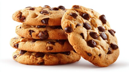 Stacked Chocolate Chip Cookies On White Background