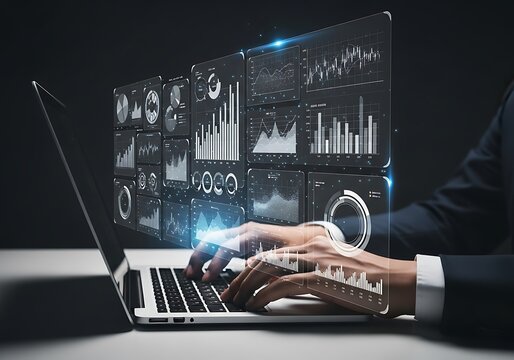 Photo of businessman analyzing financial data on a futuristic holographic screen while typing on a laptop, representing business intelligence and technological advancement - Powered by Adobe