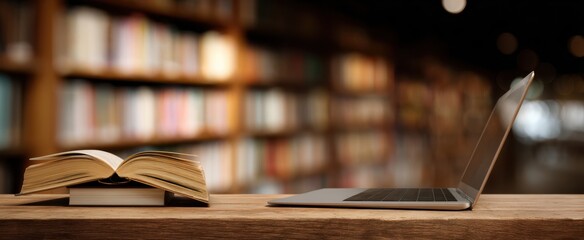 The modern workspace featuring a laptop and an open book on a wooden desk.