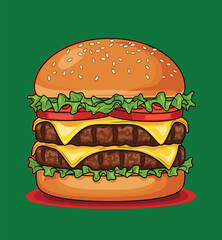 Colorful food trucks with giant burgers, red and green vehicles, street food illustration, graphic design, k 