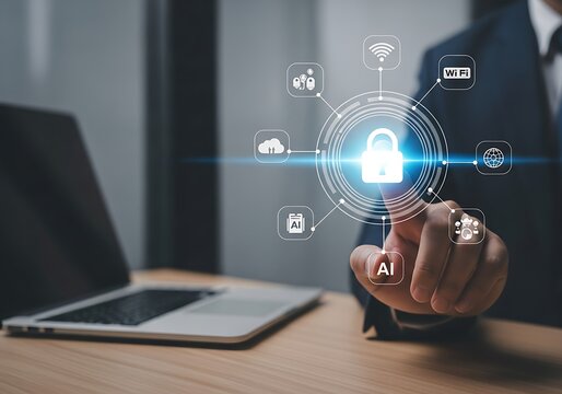 Photo of businessman touching a digital security interface with a padlock icon and various network connection symbols, representing cybersecurity and data protection