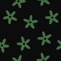 Seamless Floral Pattern Background: Colorful Retro Dark Green Daisy Flowers on Black Background