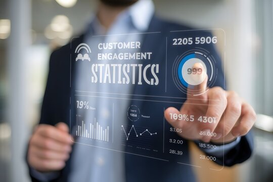 Businessman presses a virtual button on a touchscreen to start a business plan - Powered by Adobe