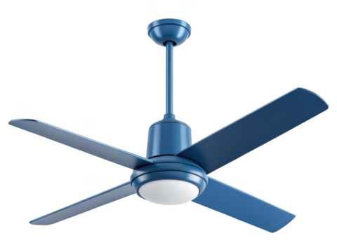 A modern blue ceiling fan with light is a stylish and functional addition to any contemporary home interior providing both illumination and air circulation isolated on transparent background