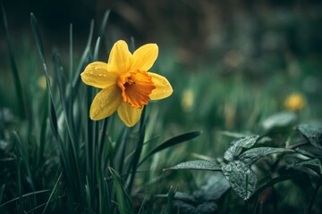 Fototapeta premium Yellow Daffodil Flower in Green Grass