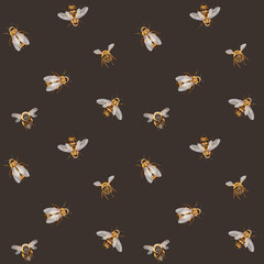 Hand drawn honey bees in seamless pattern or textile design