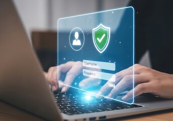 Photo of user logging into a secure digital system on a laptop, entering username and password with a shield icon indicating protection