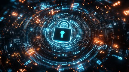 Obraz premium An abstract, futuristic digital padlock protecting a central core of data