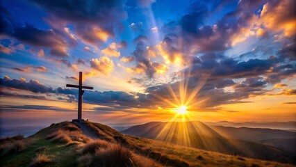 A wooden christian cross stands silhouetted on a hilltop at sunrise, with dramatic sunbeams breaking through the clouds, symbolizing faith and hope