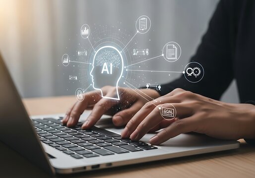 Photo of person using a laptop with a glowing ai brain hologram and digital icons, representing artificial intelligence and technology in modern business