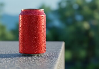 Chilled red soda can with condensation on a speckled ledge, representing a cool and refreshing summer beverage.