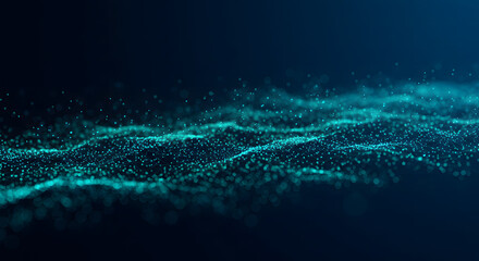 Abstract glowing blue and green particles flowing in dark space