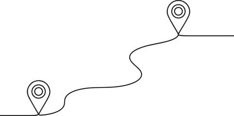 Continuous one line drawing of a route between two location pins. Minimalist vector icon for a journey, path, and destination.