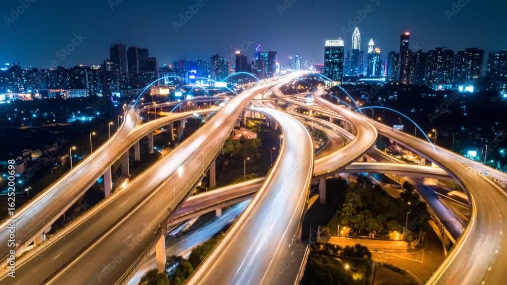 Poster aerial view of a multilayered highway interchange at night with city skyline and modern architecture