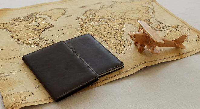 Vintage travel planning: a worn world map, leather-bound notebooks, and a charming wooden airplane.