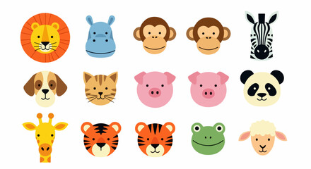 Cartoon Animal Faces: Lion, Hippo, Monkey, Zebra, Dog, Cat, Pig, Panda, Giraffe, Tiger, Frog, Sheep