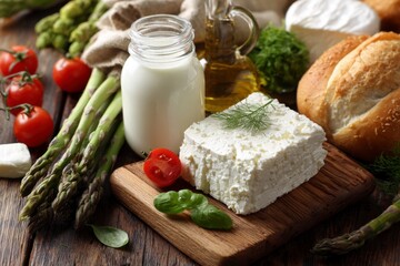 Feta Cheese, Milk, and Vegetables on Wooden Table