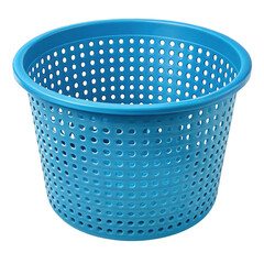 A simple blue plastic basket with many holes is isolated on a transparent background