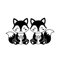 Two cute foxes sitting and holding baby bottles in a black and white design