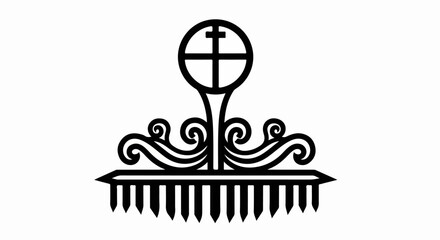 Ornate black silhouette of a liturgical comb with a Christian cross and decorative swirls.