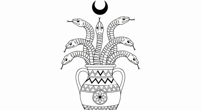 Mythological seven-headed snake bouquet emerging from an ornate vase under a crescent moon.