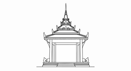 Fototapeta premium Thai Pavilion Architectural Drawing, Ornate Gable Roof, Decorative Elements
