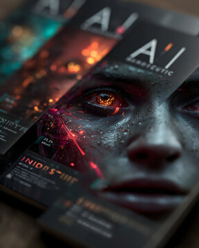 Cyberpunk AI magazine cover with close-up of futuristic human face, glowing circuits and digital HUD layout

