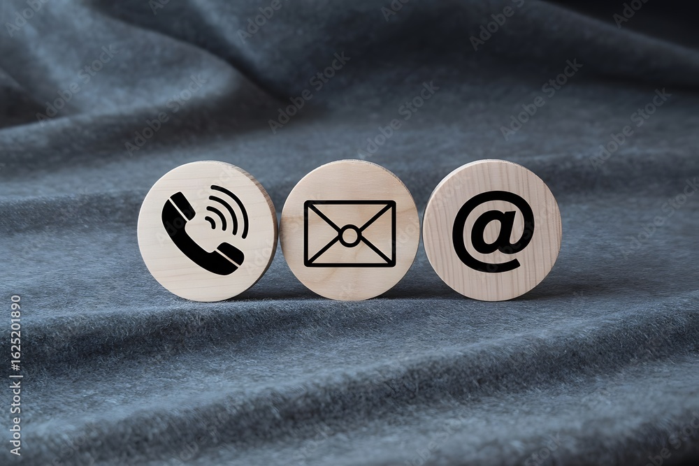 Poster three wooden discs with common contact icons phone email and at symbol arranged in a row on a textur