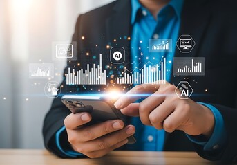 Photo of closeup of a businessman using a smartphone with ai and business analytics charts overlayed, showcasing data insights and digital strategy in a modern professional setting