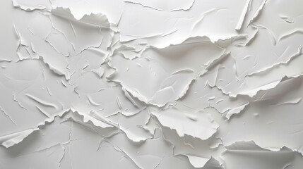 Monochromatic abstract background with a detailed texture of cracked and peeling white paint from a weathered, damaged surface.