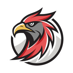 Modern logo design featuring a stylized eagle or hawk head with red and grey feathers, set within a circular frame, isolated on white background, conveying strength and power