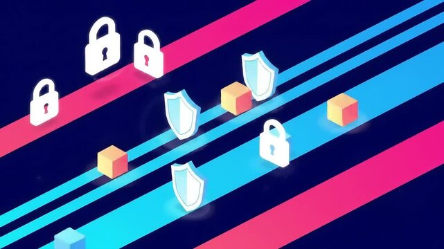 Isometric graphic design of security shields and padlocks on a dark background with vibrant diagonal lines.