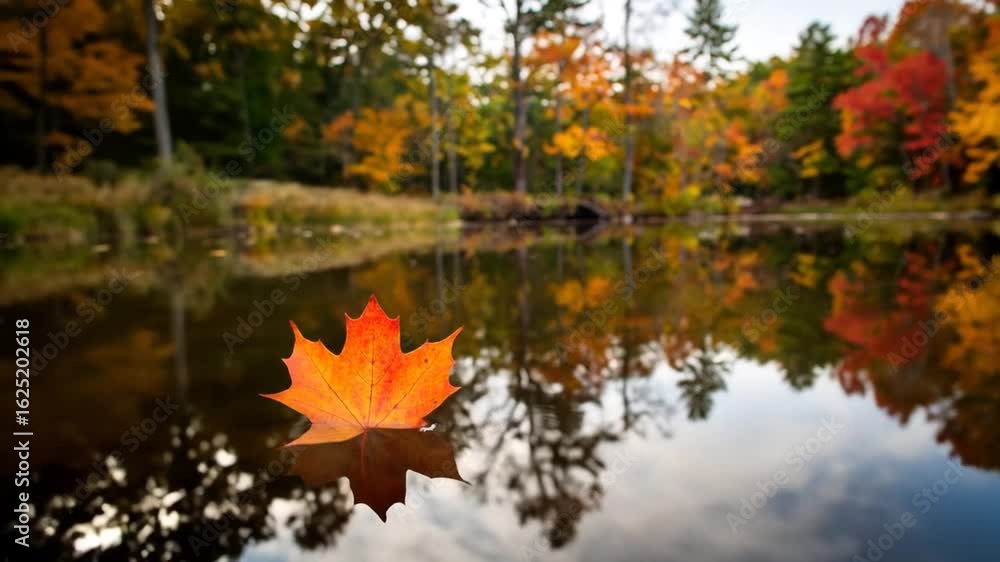 Poster close up of maple leaf floating on calm lake reflecting vivid autumn foliage surrounded by trees in 