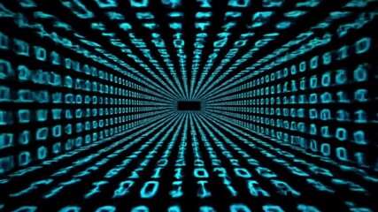 Dynamic binary code tunnel animation with glowing blue digits for technology, data security, and programming visuals - Powered by Adobe