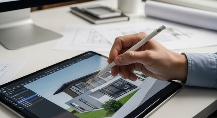 Close up of a man's hand using a stylus on a tablet showing a modern house design. Architectural drafting and rendering.
