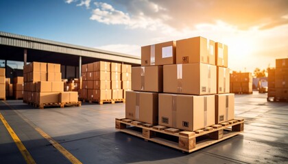 Stacked cardboard boxes on a pallet at a warehouse loading dock, bathed in golden sunlight.