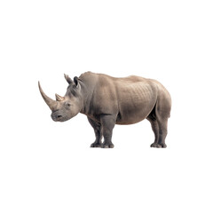 Obraz premium Majestic rhinoceros standing confidently against a clean white background showcasing its impressive horn and robust form