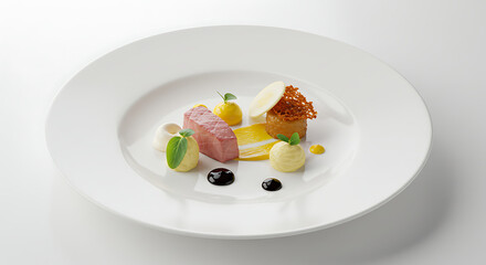 Exquisite plate: A delicately plated dish featuring a savory piece of meat, artistic garnishes, and sauces.