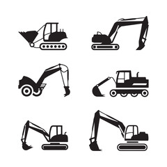 Construction Equipment Icon Set in Black Silhouette on White Background