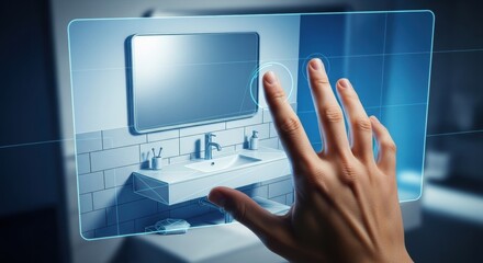 Woman hand interacting with a virtual screen showcasing a bathroom interior design. Digital architecture visualization of a modern lavatory.