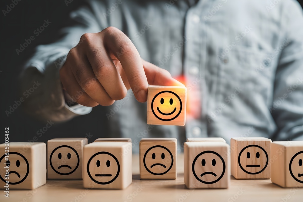Poster close up of a person s hand selecting a wooden block with a happy smiley face emoji from a group of 