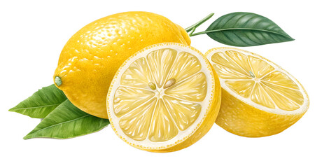 Whole and halved lemons with leaves citrus fruit